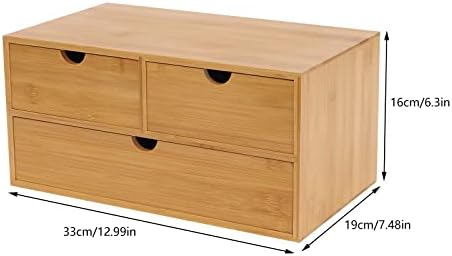 Bamboo Desk Organizer Small Retro Bamboo Tabletop Storage Box with Drawers& Recess Handles for Office Home Supplies Table Storage Collector 13 * 7.5 * 6in (3 Drawers/2 Top&1 Bottom) - Image 3