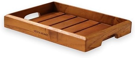Vesta Homes Medium Teak Wood Serving Tray for Home, Kitchen, Breakfast, Restaurant, Office Organizer, Dining Table | Premium Wooden Tray |12 * 8.5 * 1.5 Inches | Handmade in India by VESTAHOMES