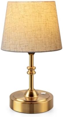 ONEWISH Small Cordless Lamp, Battery Operated Table lamp Dimmable, 4000mAh Rechargeable, Touch Bedside Lamp with Beige Linen Fabric Shade, 2700K Bulb Included, for Dining, Patio, Bathroom(Gold) by onewish