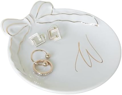 COLLECTIVE HOME Ceramic Jewelry Tray, Monogram Trinket Dish with Bow (W) by COLLECTIVEHOME