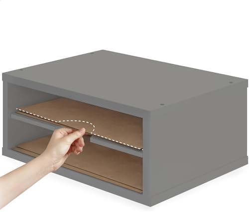 Ballucci File Organizer, 2-Tier Document Paper Sorter, Stackable Wood Desk Organizer Mail Holder, Monitor Stand with Storage Shelves, Gray - Image 4