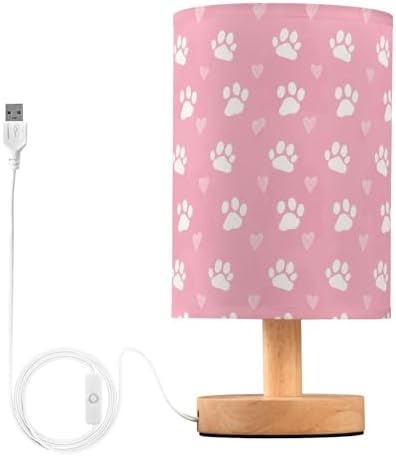 Cute Dog Cat Paw Prints and Hearts Pink Bedside Table Lamps with USB Port for Bedroom Lamp Table Lamp Small Nightstand Lamp Linen Shade Wooden Base Decorative Lamps for Kids|Reading|Dorm|Home by Fustylead