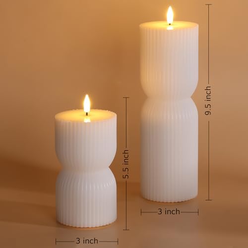 White Ribbed Flameless Pillar Candles with Remote Set of 2 - Image 2