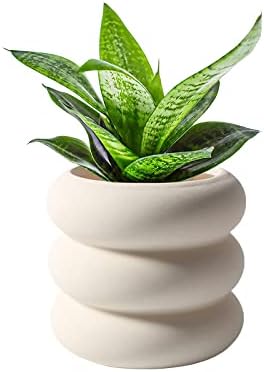 Ceramic Plant Pot Indoor, 4.5 Inch Beige Unglazed Flower Pot with Drainage Hole, Small Bubble Design Ceramic Planter for Home & Office Decor by SANDYBAYTAS