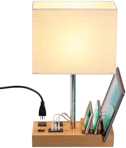 Briever USB Table Lamp, Multi-Functional Desk Lamp with 2 AC Outlets, Bedside Lamp with 3 USB Charging Ports and Wooden Phone Stands, Nightstand Lamp for Bedroom, Livingroom, Office, Natural Wood by Briever