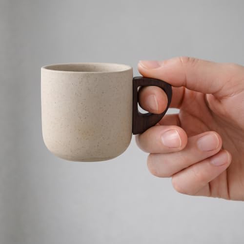 Artizan Handcrafted Ceramic Espresso Cup with Wooden Handle – 150 ml Small Espresso Cup, Rustic Speckled Sandstone Coffee Cup – Pack of 2 - Image 5
