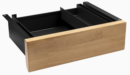 Desky Minimal Under Desk Drawer – Slim Pull-Out Metal Storage Organizer for Sit-Stand Desks, Smooth Glide, Space-Saving Design, Easy Mount, Light Oak Rubberwood & Black Frame by Desky