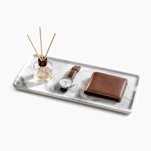 8″ x 3.7″ Ceramic Vanity Tray, Decorative Rectangular Organizer for Bathroom Countertop, Dresser Top, Kitchen & Bathtub, for Soap, Perfume, Candle, Jewelry & Cosmetics (Marble-Grey) by BLESWIN
