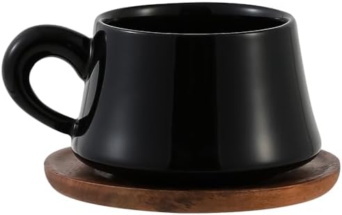 Black Cappuccino Mug and Wood Saucer - 7 oz Ceramic Coffee Cup with Saucer | Microwave Dishwasher Safe | For Tea, Espresso, Latte | Porcelain Cup Set for Kitchen Cafe | Great Gift by JINNTHE