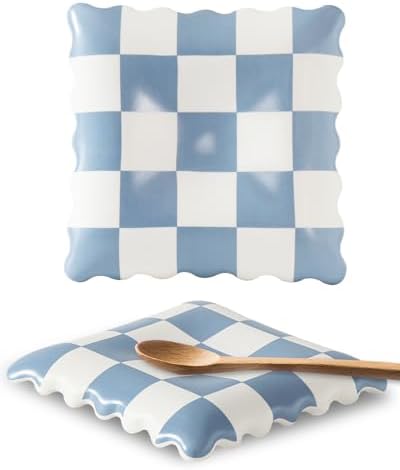 Ceramic Spoon Rest, Blue Checkered Spoon Rest for Stove Top, Large Spoon Holder, Spoon Rest for Kitchen Counter, Coffee Accessories for Housewarming& Coffee Station by Swkien