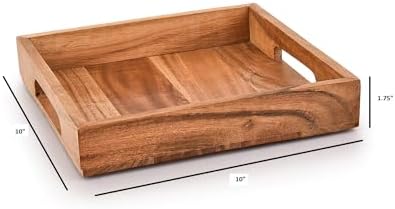 Samhita Acacia Wood Serving Tray with Handles,Wooden Serving Tray, Snack Tray, Breakfast Tray, Great for, Breakfast, Coffee |Size- 10" x 10" x 1.75" - Image 6