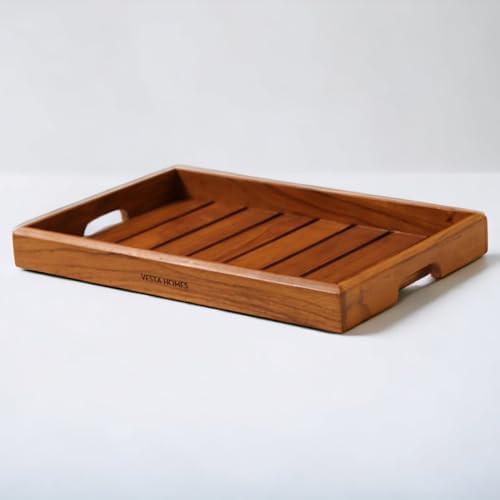 Vesta Homes Large Teak Wood Serving Tray for Home, Kitchen, Breakfast, Restaurant, Office Organizer, Dining Table | Premium Wooden Tray |15 * 10 * 1.5 Inches | Handmade in India by VESTAHOMES