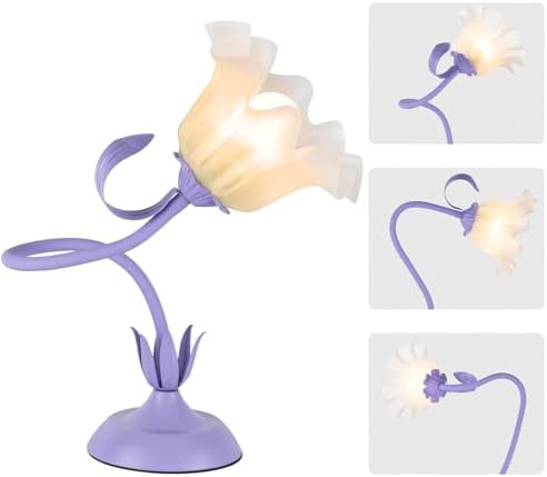 Cute Flower Desk Lamp, 3 Color Temperature Table Lamp with LED Bulb, Vintage Bedside Lamps, Reading Lamps with Soft Light for Bedroom, Living Room（Purple） by Fuzzbopn
