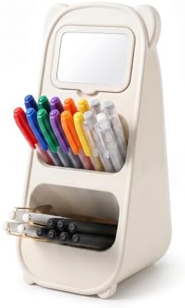 Cute Bear Pen Holder for Desk with Detachable Magnetic Mirror, Aesthetic Cream White Desk Organizer, 2-Compartment Pencil Cup Storage for Office & School by Unknown