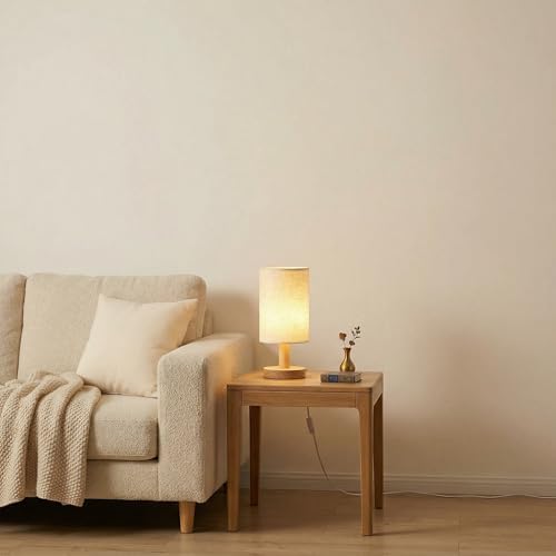 Small Bedside Table Lamp,USB Powered,Wood Base & Fabric Shade, Warm Light - Image 2