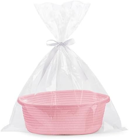 Pro Goleem Small Woven Basket with Gift Bags and Ribbons Durable Baskets for Gifts Empty Small Rope Basket for Storage 12"X 8" X 5" Baby Toy Basket with Handles, Pink by ProGoleem