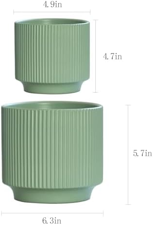 Ceramic 4.9+6.3 inch Planters, Modern Home and Office Flowerpot, Indoor and Outdoor Flowerpot with Drainage Hole (Green) - Image 2