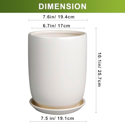 Plant Pot 8 Inch - Ceramic Planter for Indoor Plants Outdoor, Large Plant Pot with Drainage Hole and Saucer, Modern Flower Pot, White - Image 3