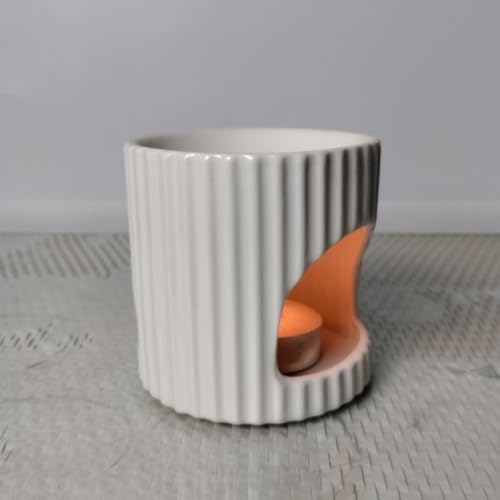 Glossy Vertical Ribbed Ceramic Wax Melt Warmer, Minimalist Cylinder Tea Light Essential Oil Burner Cream Home Decor White - Image 2