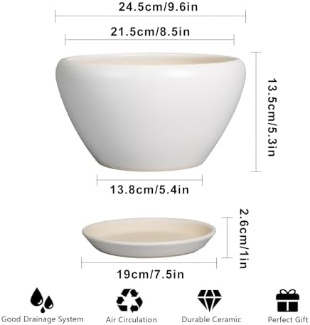 Ceramicfor Ceramic Planter - 9 Inch Plant Pot Indoor with Drainage Hole and Saucer for Outdoor Plants Mid-Century Round Planter Modern Flower Pot for House Garden White - Image 3