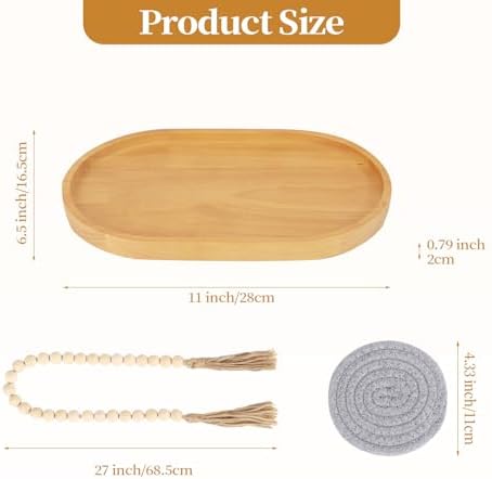 Wooden Candle Tray Holder 11 * 6.5 * 0.8 Inch Elliptical Decorative Serving Trays for Coffee Table Centerpiece Home Decor Wood Table Tray for Kitchen Counter with Beads Decor and 2 Coasters - Image 4