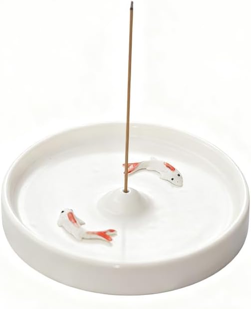 Incense Holder Modern Minimalist Circular Incense Stick Burner for Cones or Sticks for Yoga & Meditation, Enhance Atmosphere,Ceramic Ash Catcher White with Small Fish by Warmself