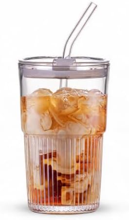 16oz/470ml Ribbed Glass Iced Coffee Tumbler with Lid and Straw, Thick-walled Clear Drinking Glass Cups for Cold Brew, Matcha, Smoothies, Leak-Resistant BPA-Free Travel Mug by Unknown