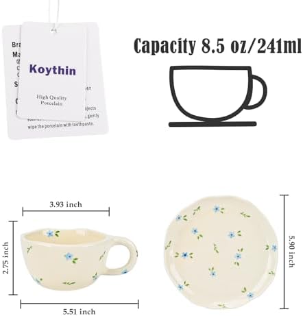 Koythin 8.5oz Handmade Ceramic Mug With Saucer, Blue Flower Latte Cocoa Cup - Image 2