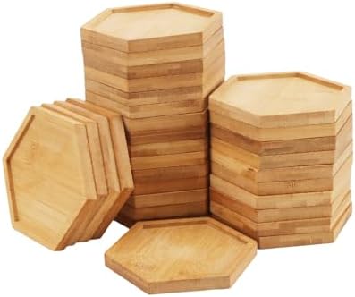 HOIGON 30 Pack Bamboo Coasters, 4 Inch Natural Wooden Coasters, Hexagonal Bamboo Tray Saucer Set for Drinks, Crafts, Succulents by HOIGON