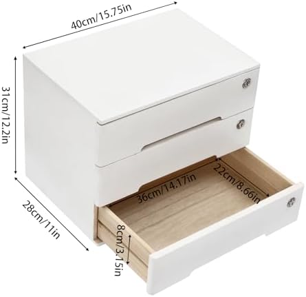 Wooden Desktop Storage Box with Lockable Drawers, Flat File Cabinet Drawer Desktop Storage Box, Countertop Storage Cabinet for Office Home Toiletries Supplies Vanity (White, 3 Drawer) - Image 3