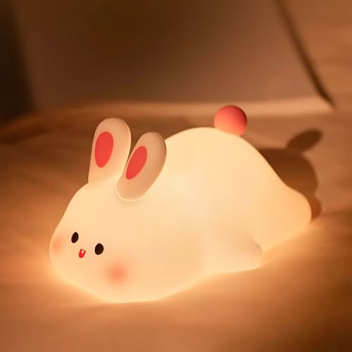 Rytinazzz Silicone Night Light for Kids, 50H Long Battery Big Face Rabbit Lamp, Gift for Kids, Soft Dimmable Bedside Light, Rechargeable Tap Control by Rytinazzz