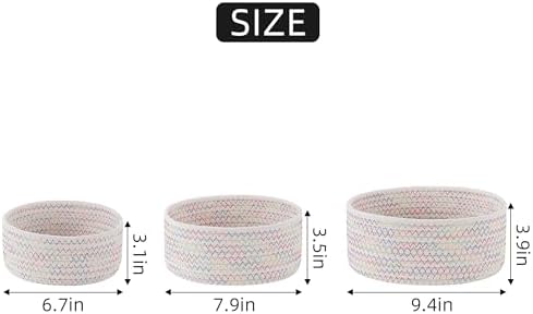 Small Basket Cotton Rope Woven Baskets for Organizing Cute Mini Tiny Baskets for Nursery Decorative Boho Round Storage Bathroom Organization Bin Open Storage Bins (Colorful white) - Image 2
