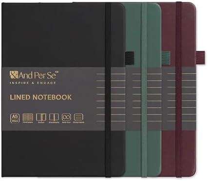 &And Per Se Lined Notebooks 3-Pack Gift Set, A5 Hardcover Journals, 160 Pages 100gsm Thick Paper, 3 Assorted Colors (Black, Green, Dark Red) by AndPerSe