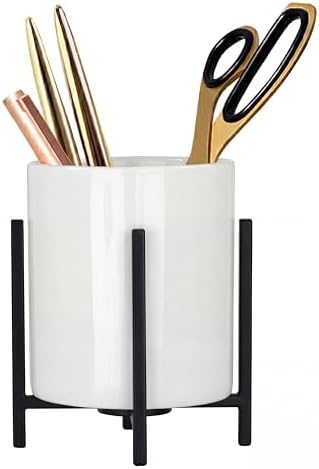 Durable Ceramic Pen Cup, Desk Ceramic Pencil Cup with Metal Legs, Black and White Pen Holder Cup for Office, Desk Decor for Women Girls by MONOSUGO