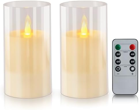wemarry Flameless Candles Acrylic Glass Pillars 3" D x 6" H Battery Operated Flickering Candles Include 8-Key Remote with Timer Function 400+ Hours (Pure White, Warm Light 2 Pack) by wemarry