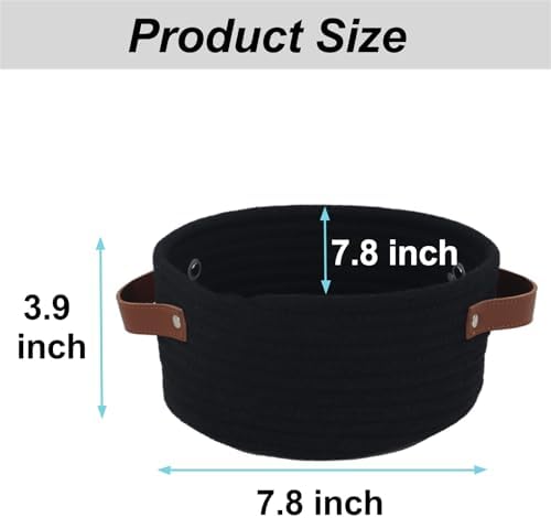 Small Woven Cotton Rope Basket with Leather Handle, Black - Image 5