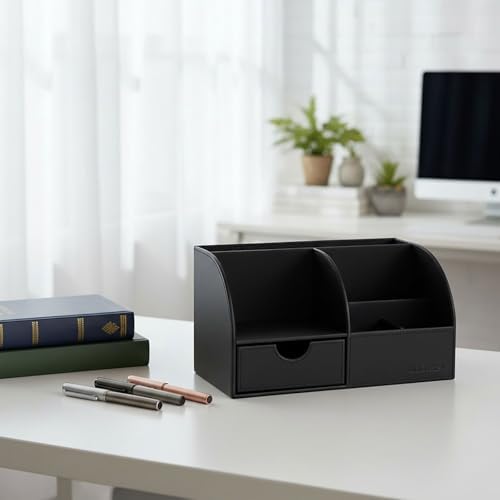 UnionBasic Desk Organizer - Multifunctional Leather Desktop Pen Holder Storage Box - Business Card/Pen/Pencil/Mobile Phone/Stationery Holder, Black - Image 7