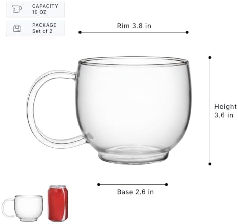 Aquach 16oz Glass Coffee Mugs Set of 2, Clear Borosilicate Tea Cups - Image 3