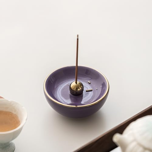 Purple Ceramic Incense Burner Bowl, 3.3 Inch Center Cone Stick Incense Holder, Minimalist Ash Catcher Bowl for Meditation Yoga Spa Home Decor, Aromatherapy Gift for Women - Image 3