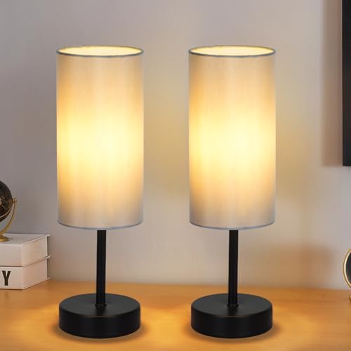 RISLG 2 Pack Small Table Lamps for Bedroom, Bedside Lamps for Nightstand with Wire Switch, Minimalist Modern Desk Lamps with Linen Fabric Shade for Kids Room Living Room Office Dorm, Bulb Included by Rislg
