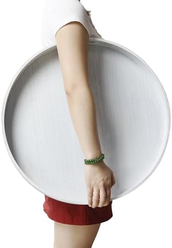 19.6" Extra Large Round Wooden Decorative Tray with Handles,White - Image 4
