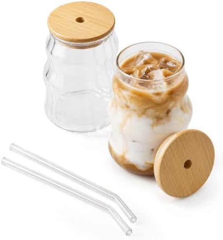 2 Pcs Ribbed Iced Coffee Glasses Cups with Straws 18 Oz by Unknown