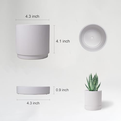 HERDUK Small Plant Pots, 4 Inch Pots for Indoor Plants, Modern Minimalist Ceramic Plant Pots with Drainage Hole & Saucer, White Set of 2 - Image 2