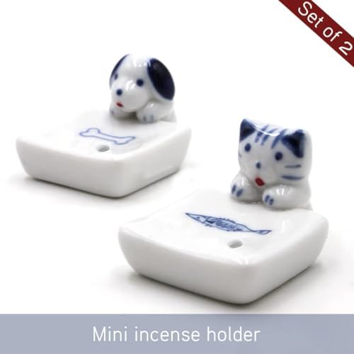 Set of 2, Japanese Mini Cute Kitty Cat with Dog Handmade White Ceramic Incense Stick Holder or Incense Burner Holder, Inscent Tray for Home Decor Yoga Spa Meditation, 1.42 inches - Image 2