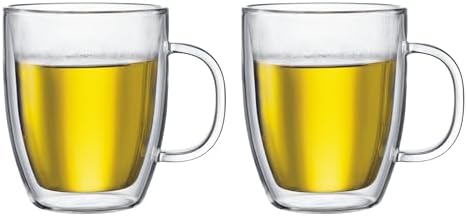 Bodum 15oz Bistro Double Wall Insulated Mug, High-Heat Borosilicate Glass, Set of 2, Clear by Bodum