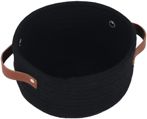 Small Woven Cotton Rope Basket with Leather Handle, Black by Togous