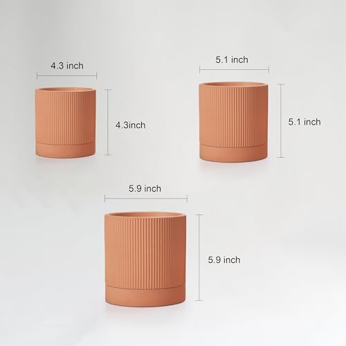 HERDUK Modern Terra Cotta Pots, 6 Inch 5.1 Inch 4 Inch Ribbed Textured Clay Planter Set with Drainage Holes & Saucers, Garden Pots for Indoor/Ourdoor Plants Succulent, Cactus & Herb - Image 2
