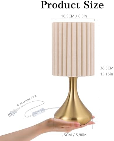 Ziqqeelam Gold Small Table Lamp with Scalloped Linen Shade, Mini Brass Gold Table Lamp for Bedroom Nightstand, Cute Desk Night Light for Living Room, Bookshelf, Kitchen Counter, Kids Room, Office - Image 2