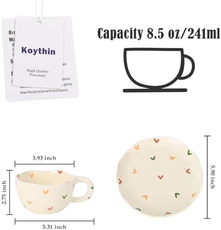 Koythin Ceramic Coffee Mug with Saucers, Handmade Flowers Mugs, Cute Cup for Girl Women, Aesthetic Tea Milk Cup with Handle, 8.5 oz/250 ml for Latte, Cocoa, Office, Home (Colorful Little Hearts) - Image 2