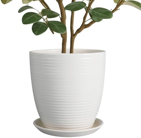 10 Inch Ceramic Planter Pot - Large Plant Pot with Drainage Hole and Saucer, Modern Round Flower Pots for Indoor Outdoor Plants, Garden Planter, White by EPFamily